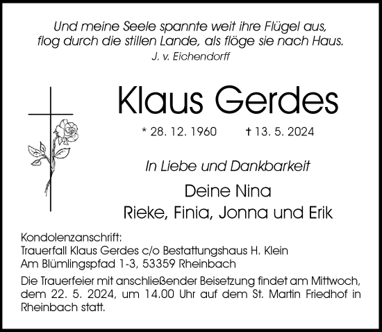 Anzeige von Klaus Gerdes von General-Anzeiger Bonn