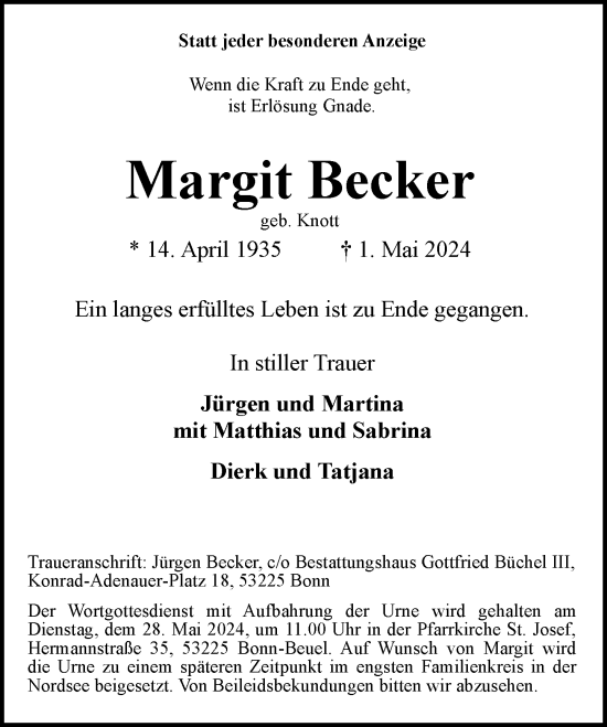 Anzeige von Margit Becker von General-Anzeiger Bonn