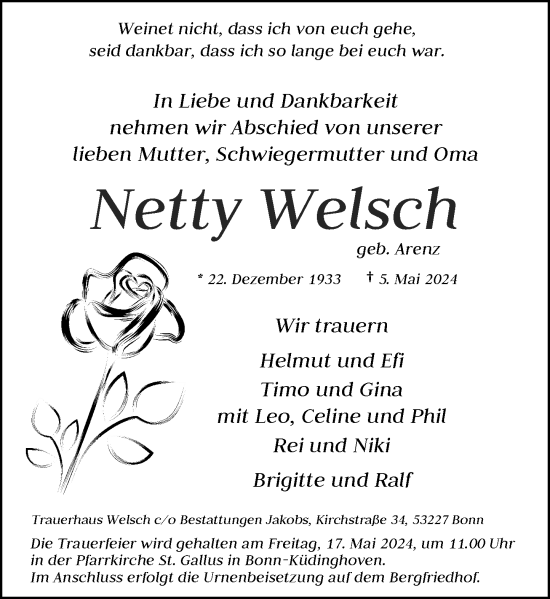 Anzeige von Netty Welsch von General-Anzeiger Bonn