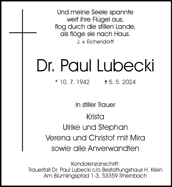 Anzeige von Paul Lubecki von General-Anzeiger Bonn