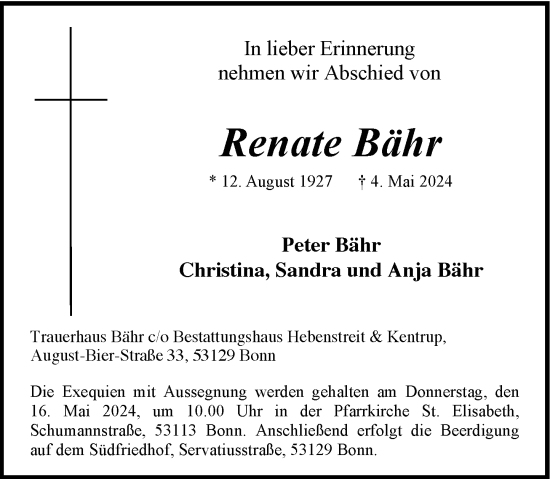 Anzeige von Renate Bähr von General-Anzeiger Bonn