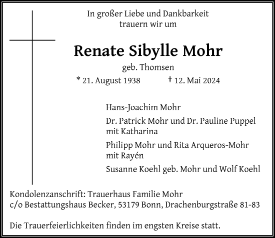 Anzeige von Renate Sibylle Mohr von General-Anzeiger Bonn