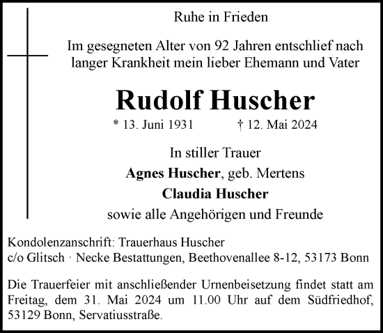 Anzeige von Rudolf Huscher von General-Anzeiger Bonn