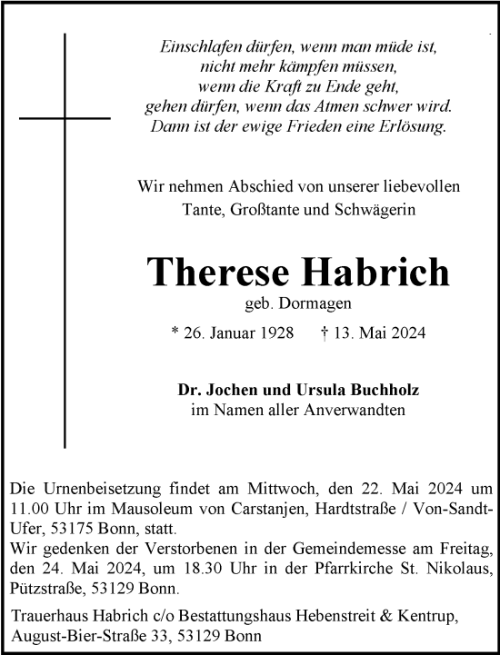 Anzeige von Therese Habrich von General-Anzeiger Bonn