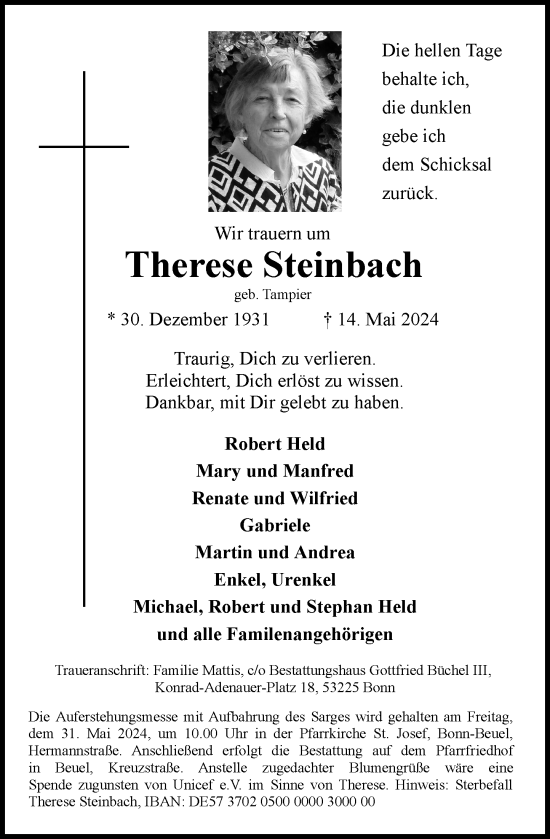 Anzeige von Therese Steinbach von General-Anzeiger Bonn