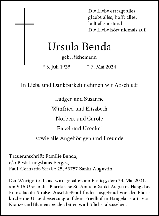 Anzeige von Ursula Benda von General-Anzeiger Bonn
