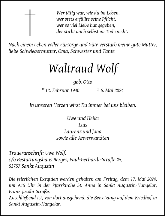 Anzeige von Waltraud Wolf von General-Anzeiger Bonn