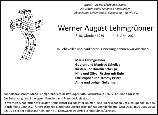 Anzeige von Werner August Lehmgrübner von General-Anzeiger Bonn