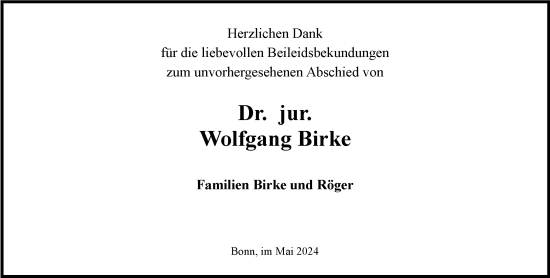 Anzeige von Wolfgang Birke von General-Anzeiger Bonn