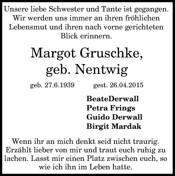 Anzeige von Margot Gruschke von General-Anzeiger Bonn