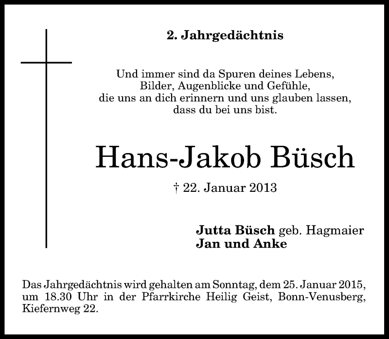  Traueranzeige für Hans-Jakob Büsch vom 17.01.2015 aus General-Anzeiger Bonn