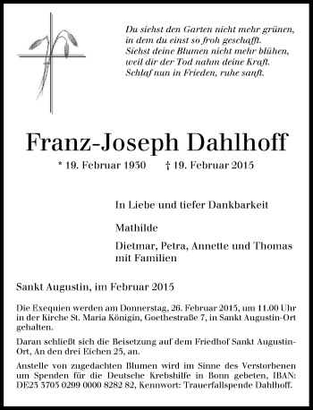 Anzeige von Franz-Josepf Dahlhoff von General-Anzeiger Bonn