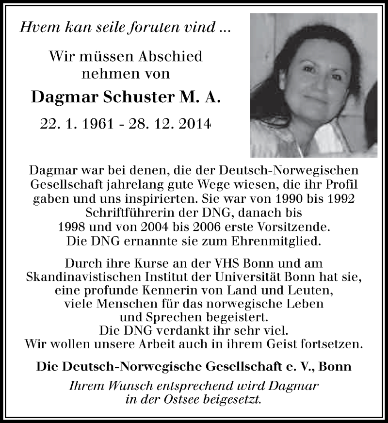  Traueranzeige für Dagmar Schuster vom 17.01.2015 aus General-Anzeiger Bonn