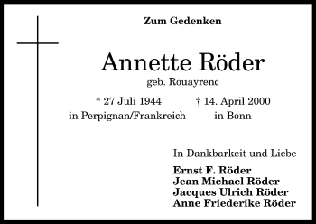 Anzeige von Annette Röder von General-Anzeiger Bonn