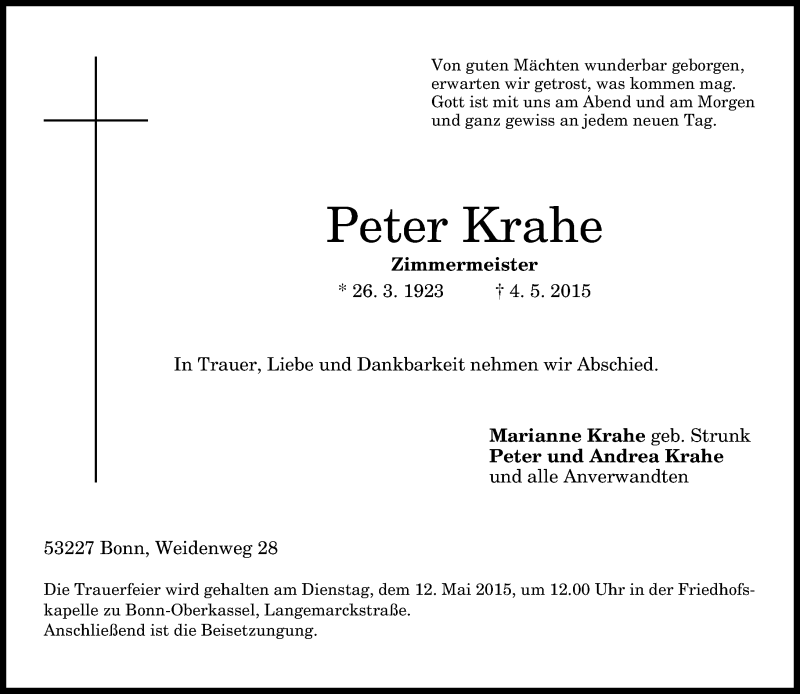  Traueranzeige für Peter Krahe vom 09.05.2015 aus General-Anzeiger Bonn