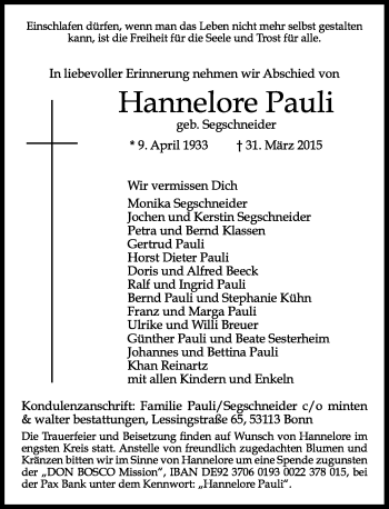 Anzeige von Hannelore Pauli von General-Anzeiger Bonn