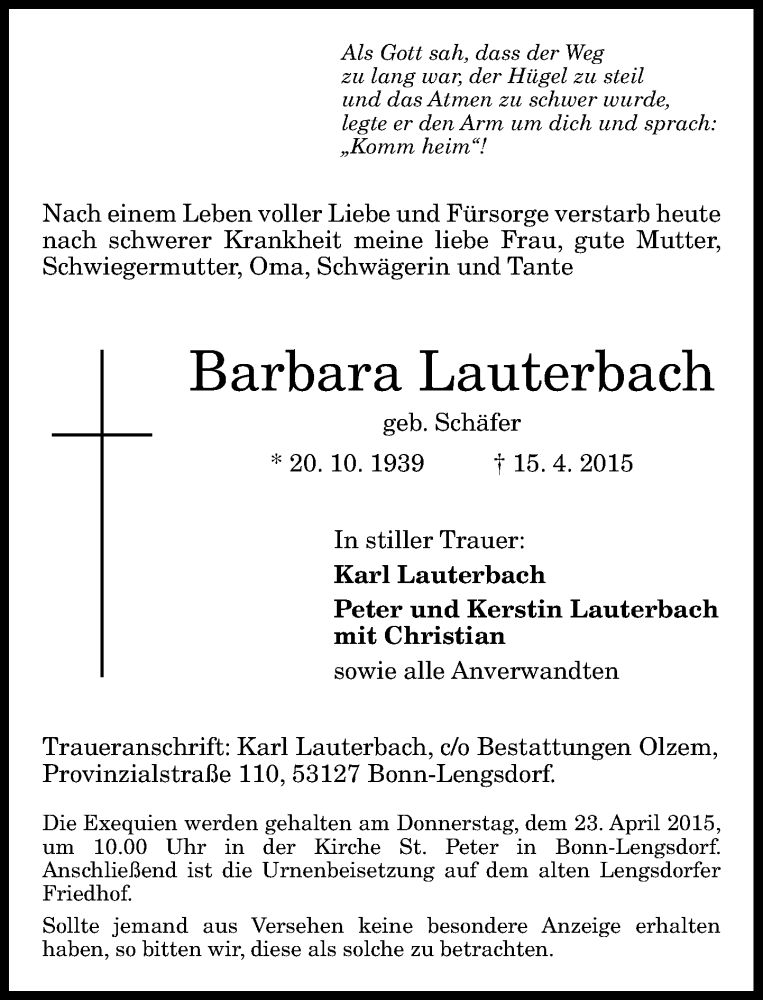  Traueranzeige für Barbara Lauterbach vom 18.04.2015 aus General-Anzeiger Bonn