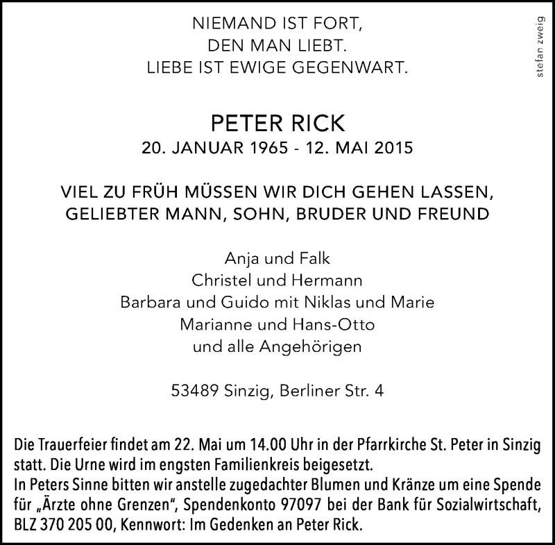  Traueranzeige für Peter Rick vom 19.05.2015 aus General-Anzeiger Bonn