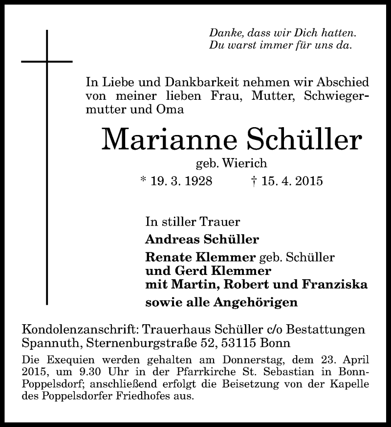  Traueranzeige für Marianne Schüller vom 18.04.2015 aus General-Anzeiger Bonn