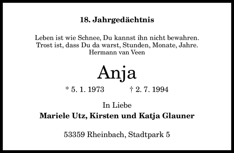  Traueranzeige für Anja  vom 02.07.2012 aus General-Anzeiger Bonn