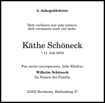 Anzeige von Käthe Schöneck von General-Anzeiger Bonn
