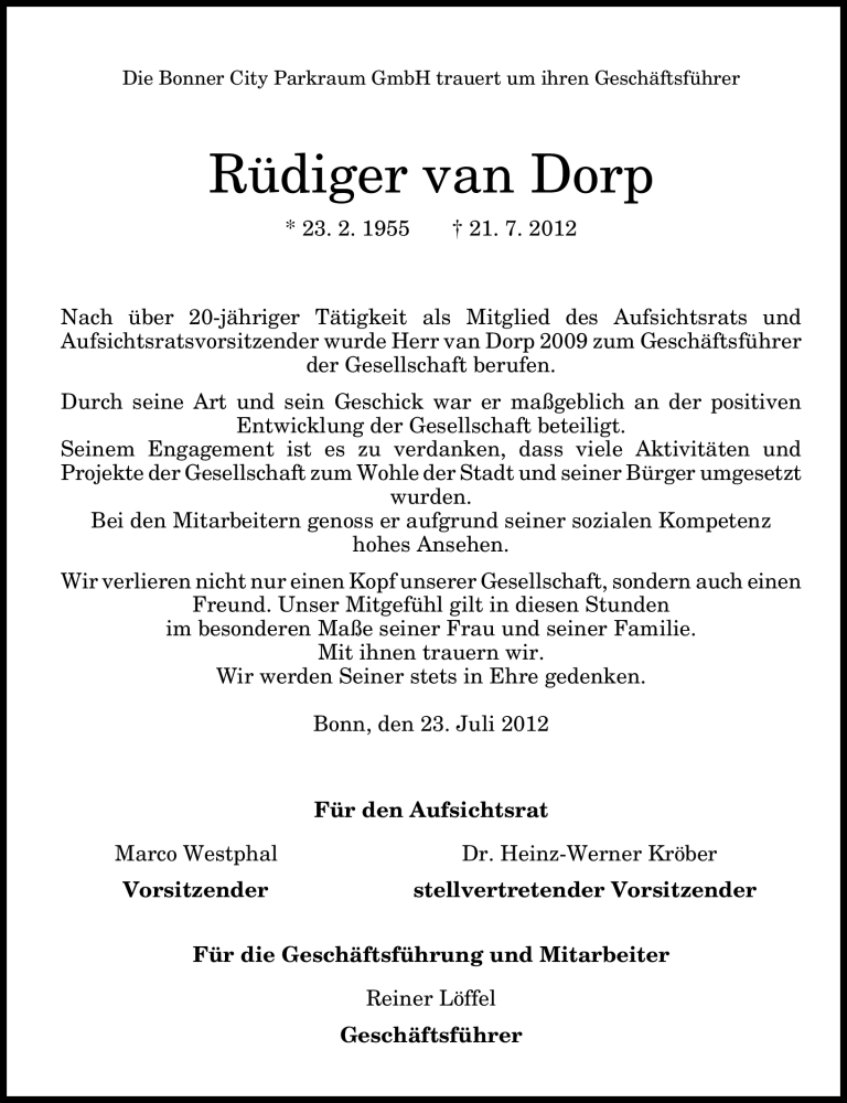  Traueranzeige für Rüdiger van Dorp vom 25.07.2012 aus General-Anzeiger Bonn