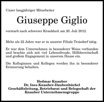 Anzeige von Guiseppe Giglio von General-Anzeiger Bonn
