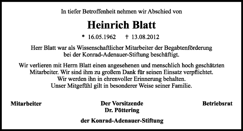  Traueranzeige für Heinrich  Blatt   vom 18.08.2012 aus General-Anzeiger Bonn