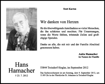 Anzeige von Hans Hamacher von General-Anzeiger Bonn