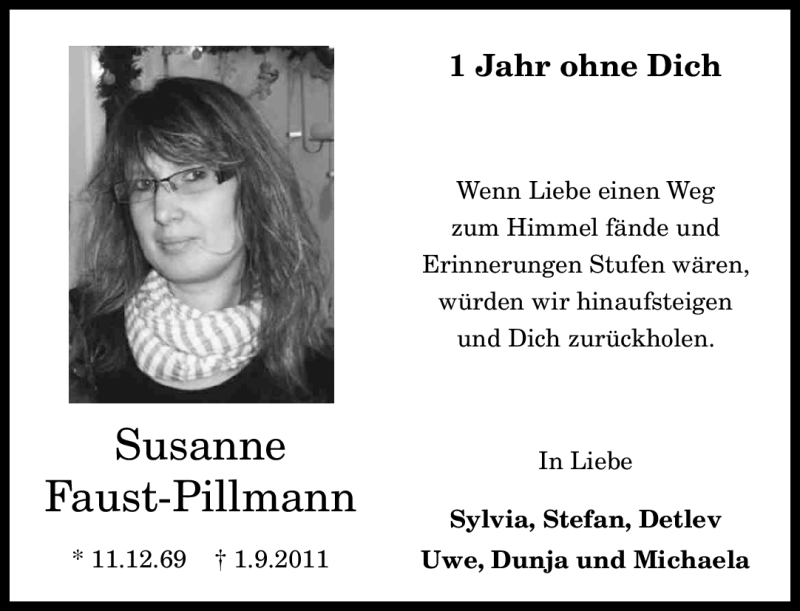  Traueranzeige für Susanne Faust-Pillmann vom 01.09.2012 aus General-Anzeiger Bonn