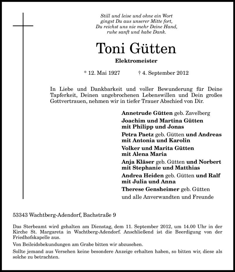  Traueranzeige für Toni Gütten vom 08.09.2012 aus General-Anzeiger Bonn
