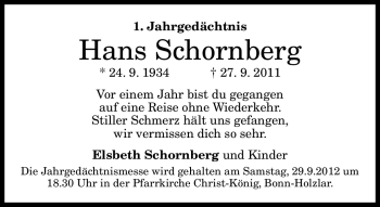 Anzeige von Hans Schornberg von General-Anzeiger Bonn