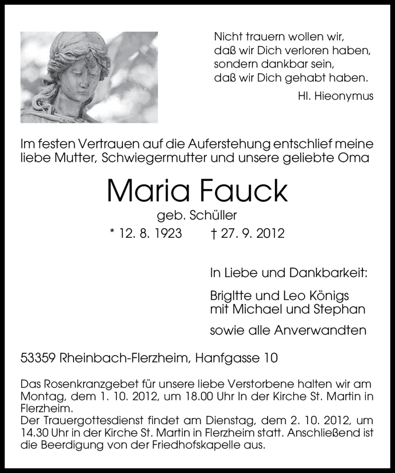  Traueranzeige für Maria Fauck vom 29.09.2012 aus General-Anzeiger Bonn