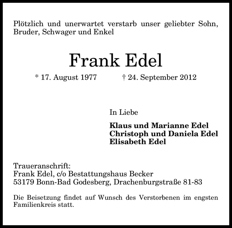  Traueranzeige für Frank Edel vom 29.09.2012 aus General-Anzeiger Bonn