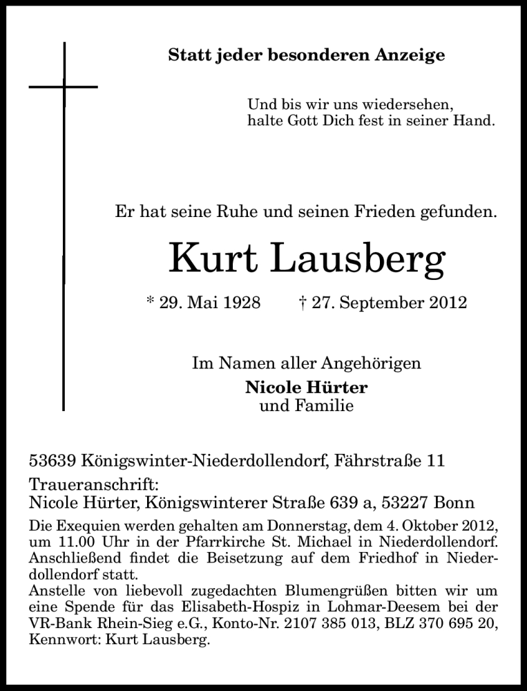  Traueranzeige für Kurt Lausberg vom 29.09.2012 aus General-Anzeiger Bonn