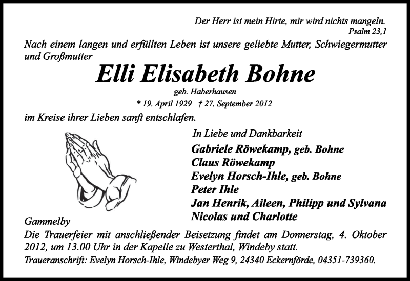  Traueranzeige für Elli Elisabeth Bohne vom 01.10.2012 aus General-Anzeiger Bonn