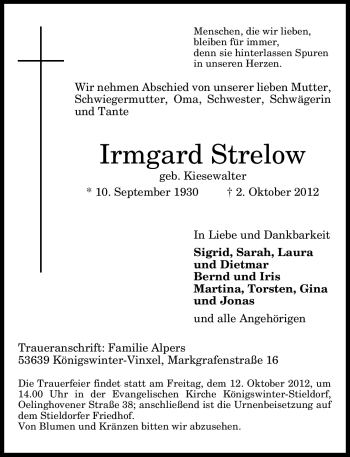 Anzeige von Irmgard Strelow von General-Anzeiger Bonn
