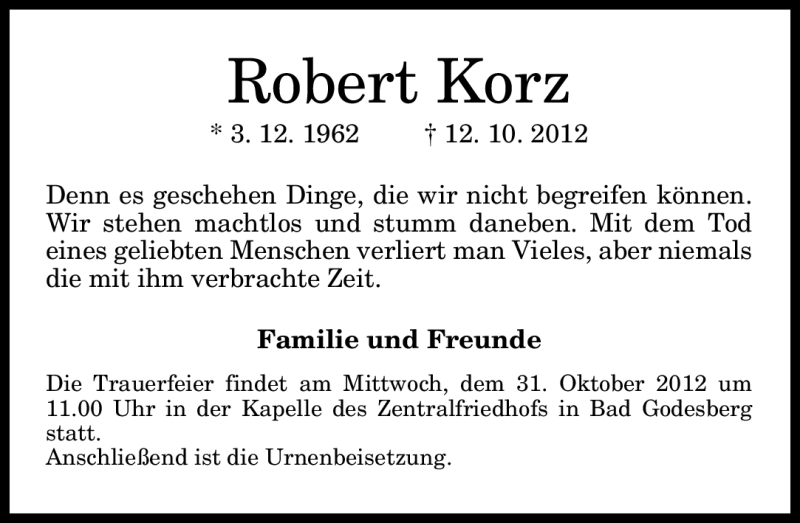  Traueranzeige für Robert Korz vom 24.10.2012 aus General-Anzeiger Bonn