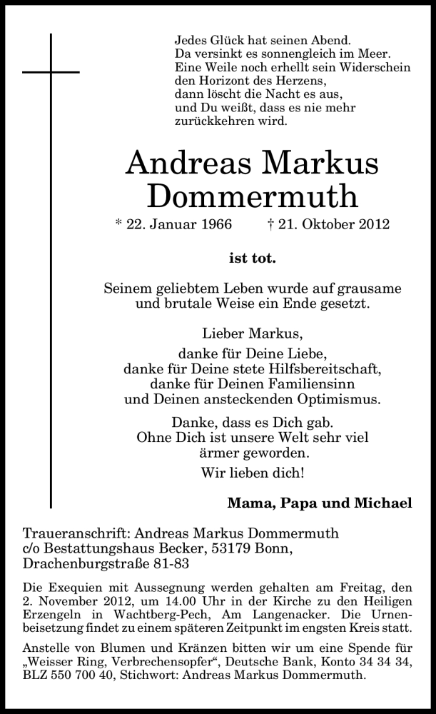  Traueranzeige für Andreas Markus Dommermuth vom 27.10.2012 aus General-Anzeiger Bonn