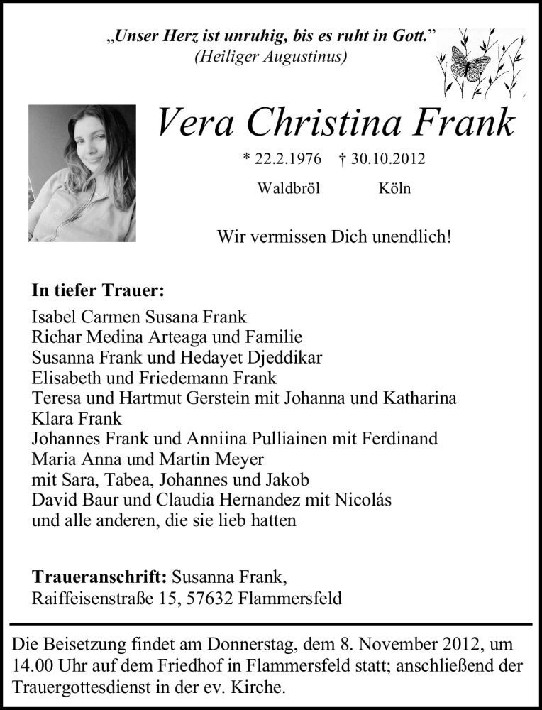  Traueranzeige für Vera Christina Frank vom 03.11.2012 aus General-Anzeiger Bonn