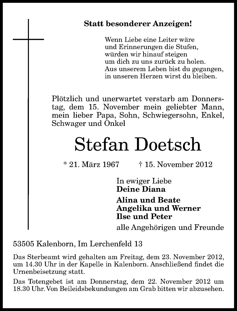  Traueranzeige für Stefan Doetsch vom 21.11.2012 aus General-Anzeiger Bonn