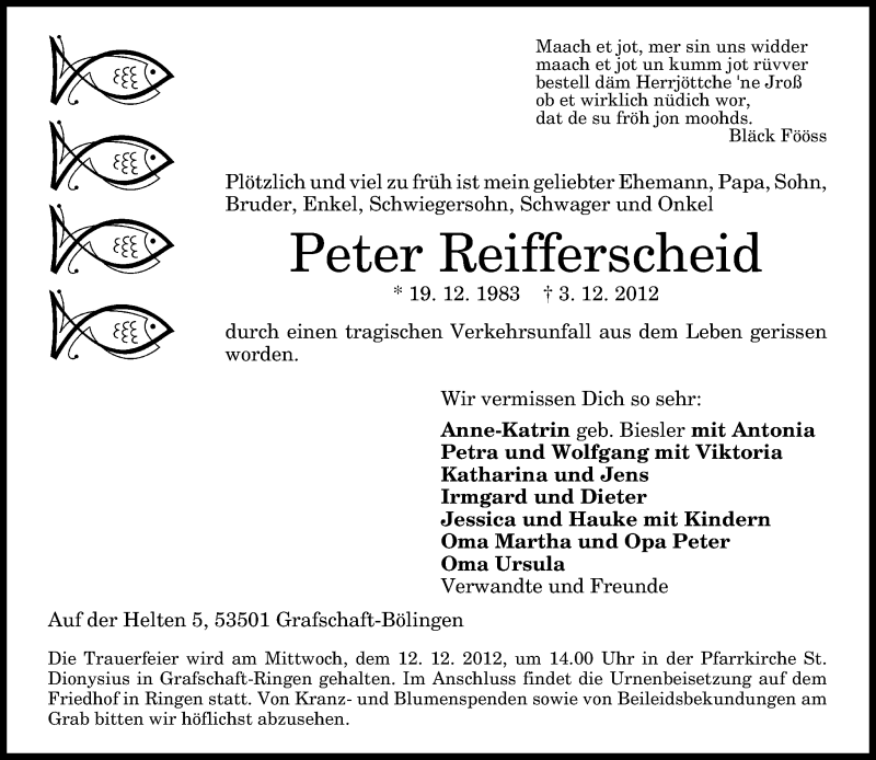  Traueranzeige für Peter Reifferscheid vom 08.12.2012 aus General-Anzeiger Bonn