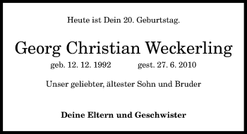 Anzeige von Georg Christian Weckerling von General-Anzeiger Bonn