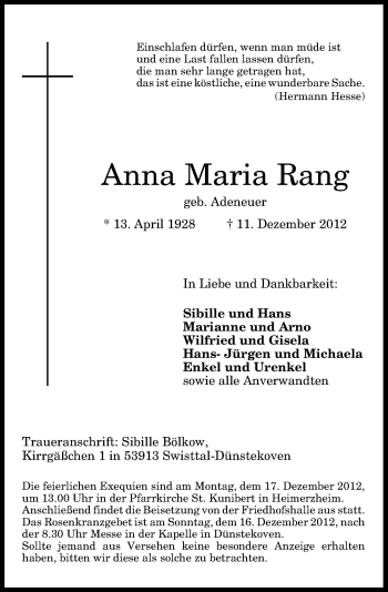 Anzeige von Anna Maria Rang von General-Anzeiger Bonn