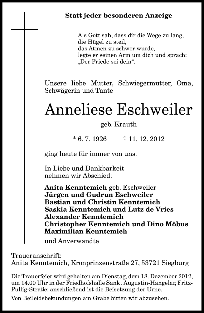  Traueranzeige für Anneliese Eschweiler vom 13.12.2012 aus General-Anzeiger Bonn