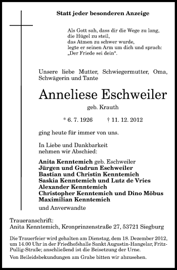 Anzeige von Anneliese Eschweiler von General-Anzeiger Bonn