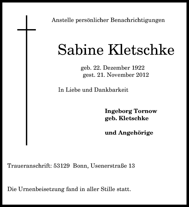  Traueranzeige für Sabine Kletschke vom 15.12.2012 aus General-Anzeiger Bonn