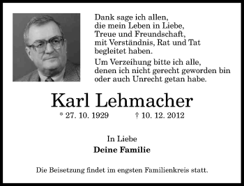 Anzeige von Karl Lehmacher von General-Anzeiger Bonn