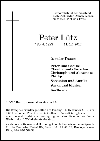 Anzeige von Peter Lütz von General-Anzeiger Bonn