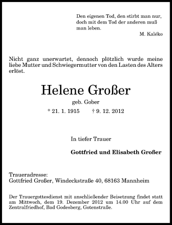 Anzeige von Helene Großer von General-Anzeiger Bonn